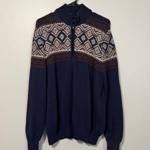 USED Men's Izod 1/2 Zip Up Long Sleeve Sweater Color Navy/Red/Green Size Large